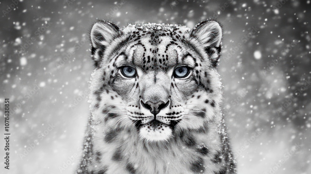 A striking snow leopard gazes directly, surrounded by falling snowflakes in a monochrome setting. A striking snow leopard gazes directly, surrounded by falling snowflakes in a monochrome setting.