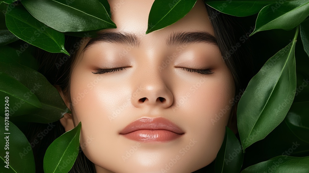 Woman in peaceful harmony with nature, eyes closed amidst lush green leaves. serene portrait capturing tranquility and rejuvenation. Woman in peaceful harmony with nature, eyes closed amidst lush green leaves. serene portrait capturing tranquility and rejuvenation.