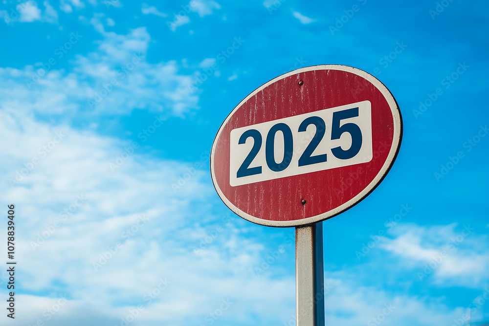 road sign with numbers 2025 against blue sky road sign with numbers 2025 against blue sky
