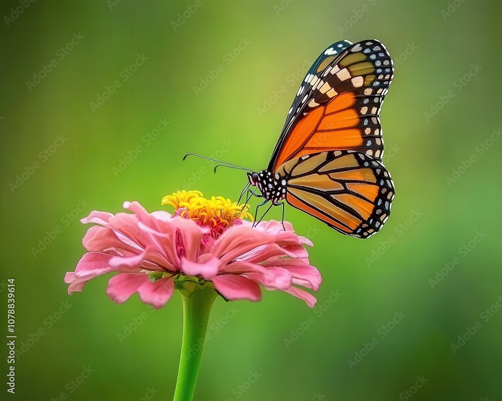 A monarch butterfly perched on a pink flower with green background. A monarch butterfly perched on a pink flower with green background.