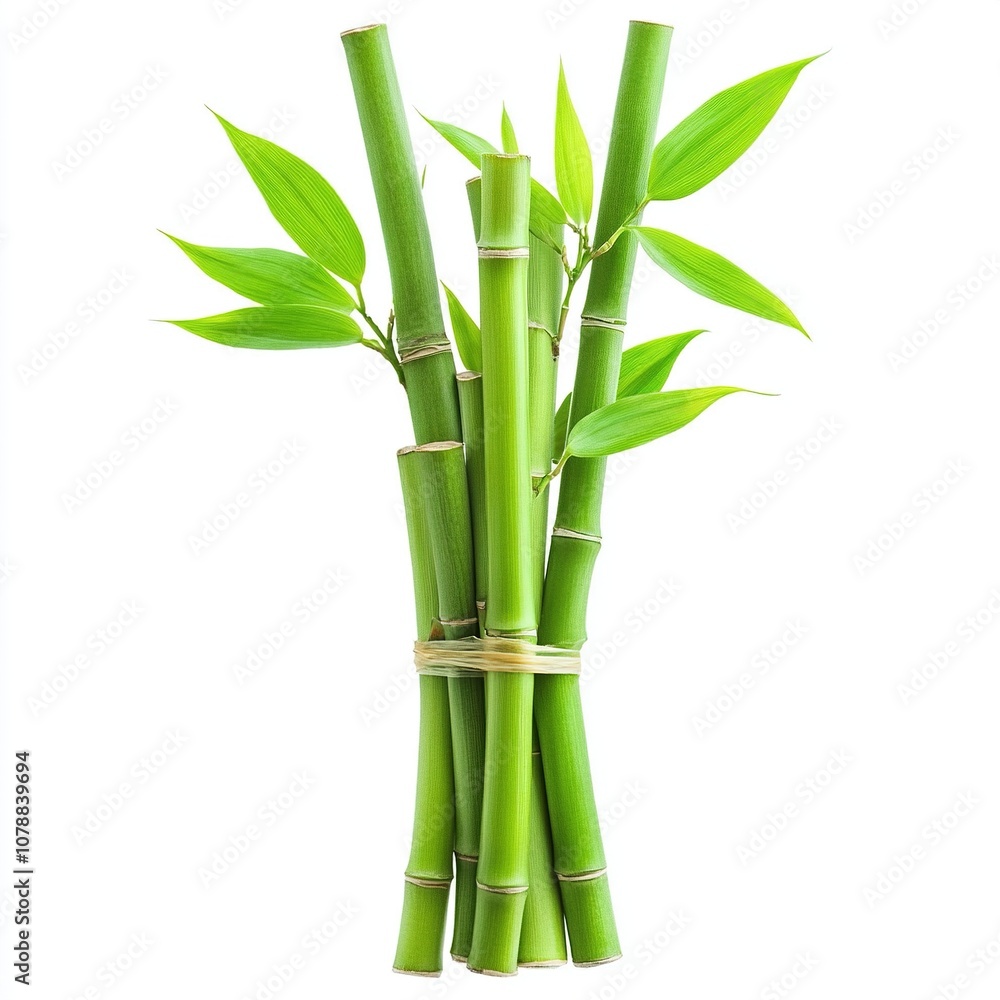 Obraz premium Green bamboo stems with leaves, cut out isolated on white a background
