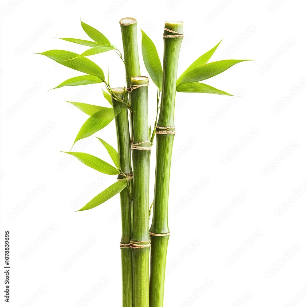 Fototapeta premium Green bamboo stems with leaves, cut out isolated on white a background