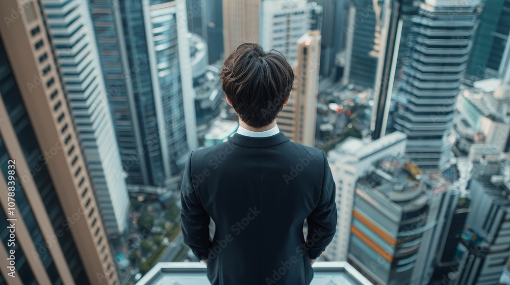 Fototapeta premium A person stands on a rooftop, overlooking a sprawling cityscape filled with skyscrapers, capturing a moment of contemplation and urbanity.