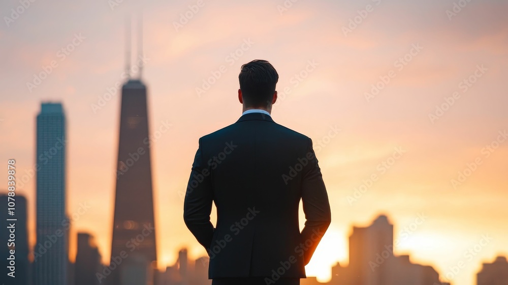 A man in a suit stands overlooking a city skyline at sunset, embodying professionalism and contemplation against a vibrant backdrop. A man in a suit stands overlooking a city skyline at sunset, embodying professionalism and contemplation against a vibrant backdrop.