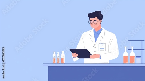Innovative lab environment with a scientist reviewing graphical analytics on dual monitors, tablet in hand for streamlined workflow