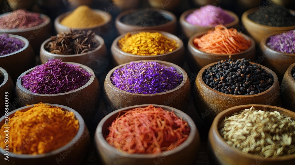 A vibrant display of various spices and herbs in wooden bowls, including turmeric for its golden color, saffron with deep red hues A vibrant display of various spices and herbs in wooden bowls, including turmeric for its golden color, saffron with deep red hues