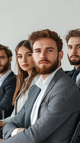 A group of people are sitting in a room, one of them is wearing a suit