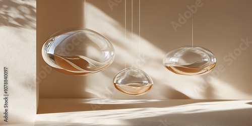 Floating glass shapes with soft reflections