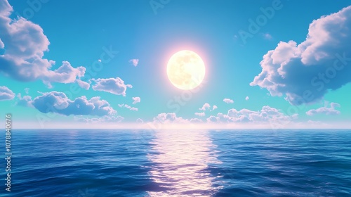 Fantasy anime landscape with a glowing moon over a vast ocean