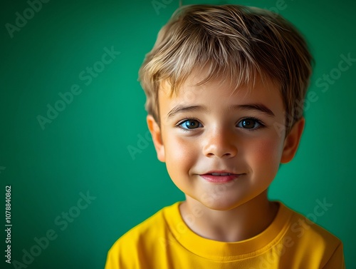 A young boy with blue eyes and a yellow shirt