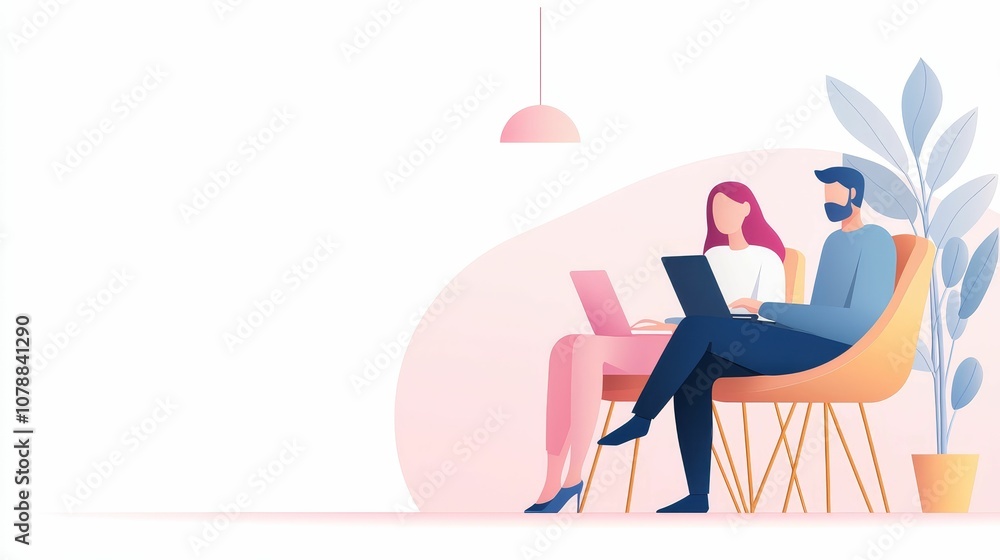 A modern illustration of a couple working on laptops in a cozy setting, showcasing teamwork and collaboration. A modern illustration of a couple working on laptops in a cozy setting, showcasing teamwork and collaboration.
