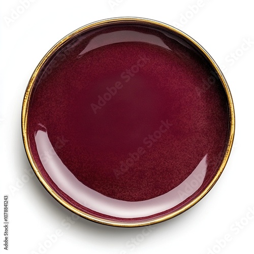 Maroon with golden coating empty plate in a dining setting isolated on white a background