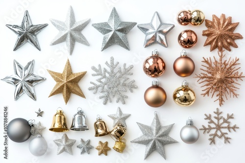 Collection of various Christmas ornaments including stars, bells, and baubles photo