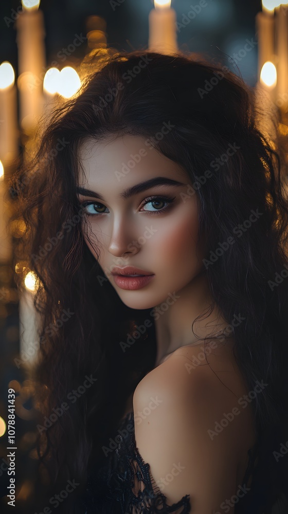 A beautiful woman gazing at the camera, surrounded by candles, her face illuminated by the warm, romantic light, in a close-up with a shallow depth of field and a soft focus effect A beautiful woman gazing at the camera, surrounded by candles, her face illuminated by the warm, romantic light, in a close-up with a shallow depth of field and a soft focus effect