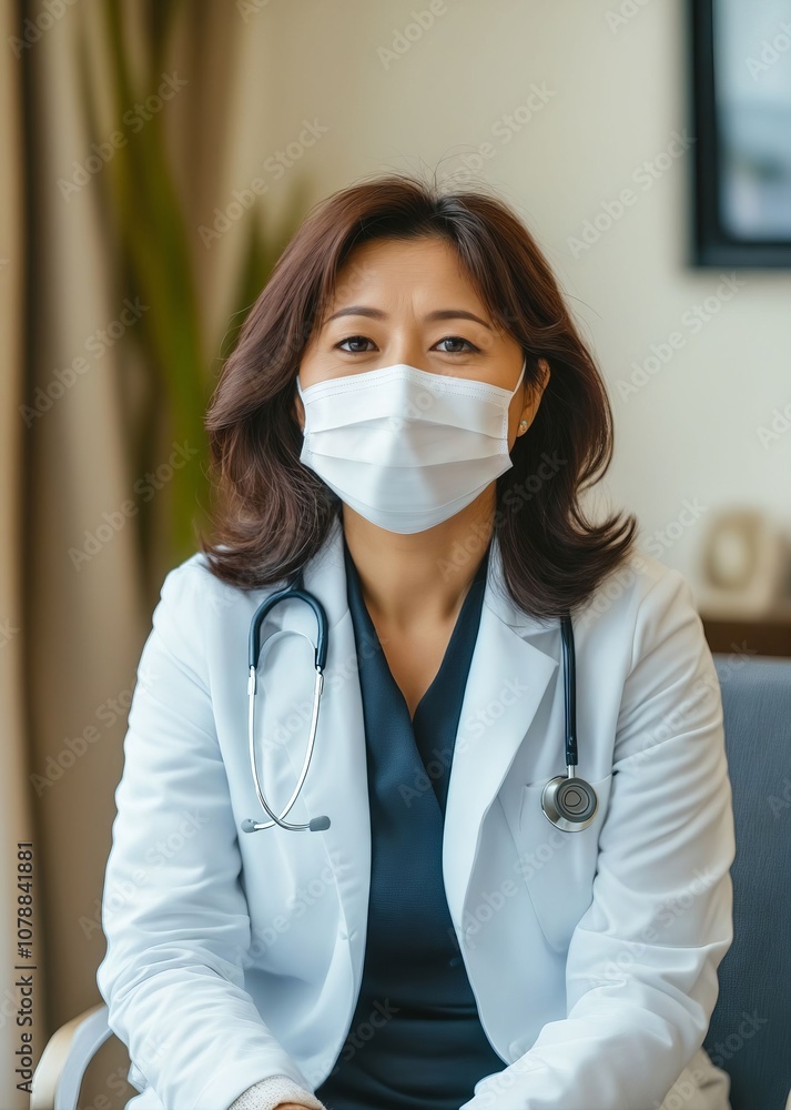 A woman wearing a white lab coat and a face mask A woman wearing a white lab coat and a face mask