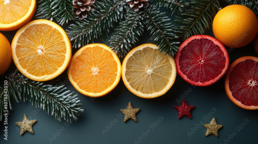 Vibrant citrus slices are displayed atop a dark background, surrounded by pine branches and glittering stars, creating a festive atmosphere Vibrant citrus slices are displayed atop a dark background, surrounded by pine branches and glittering stars, creating a festive atmosphere