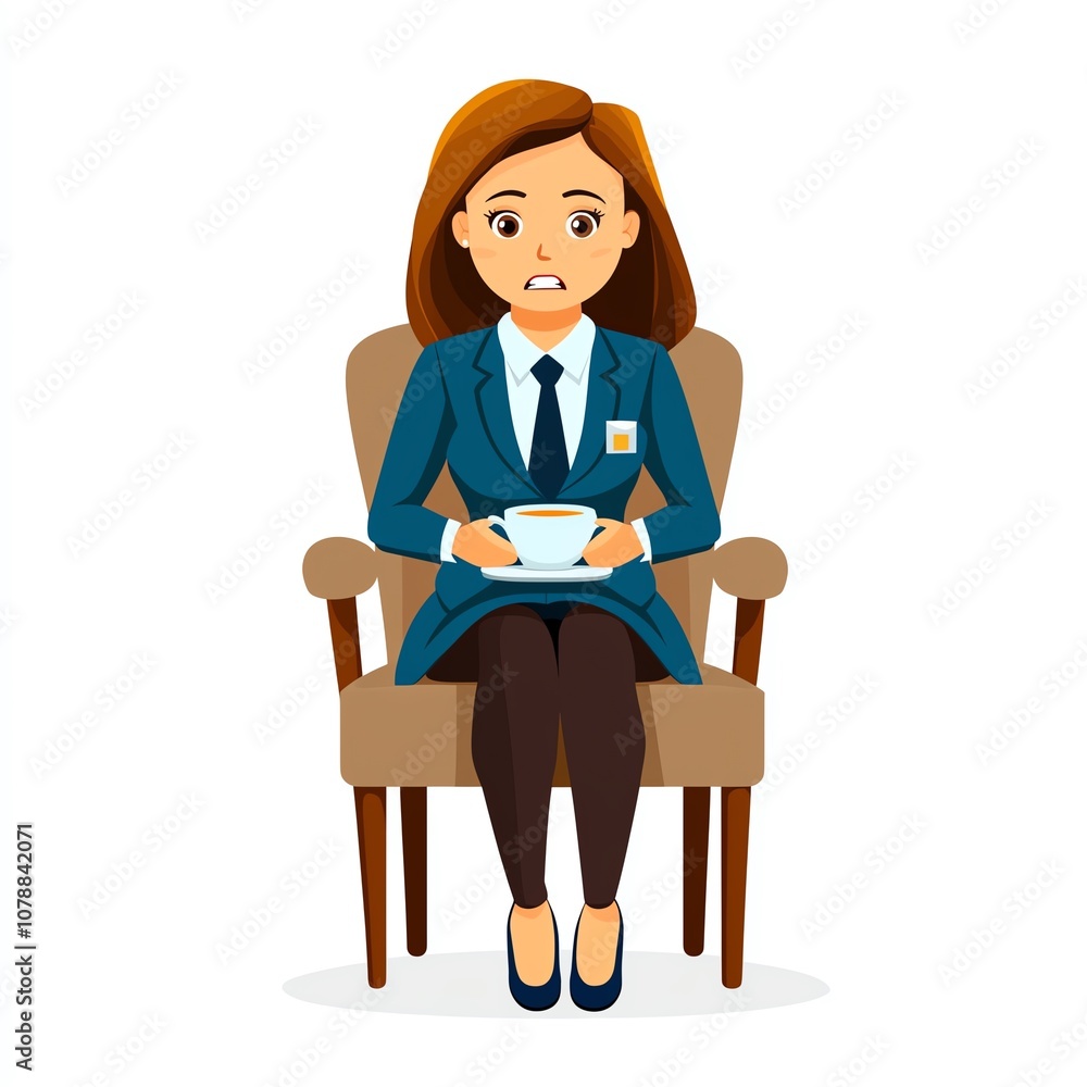 A woman in a formal outfit sits nervously in a chair, holding a cup, conveying a sense of anxiety or discomfort. A woman in a formal outfit sits nervously in a chair, holding a cup, conveying a sense of anxiety or discomfort.