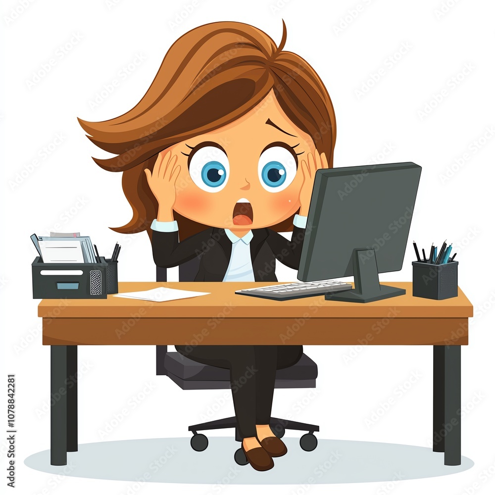 An anxious woman at a desk appears overwhelmed while working on a computer, expressing stress in a corporate environment. An anxious woman at a desk appears overwhelmed while working on a computer, expressing stress in a corporate environment.