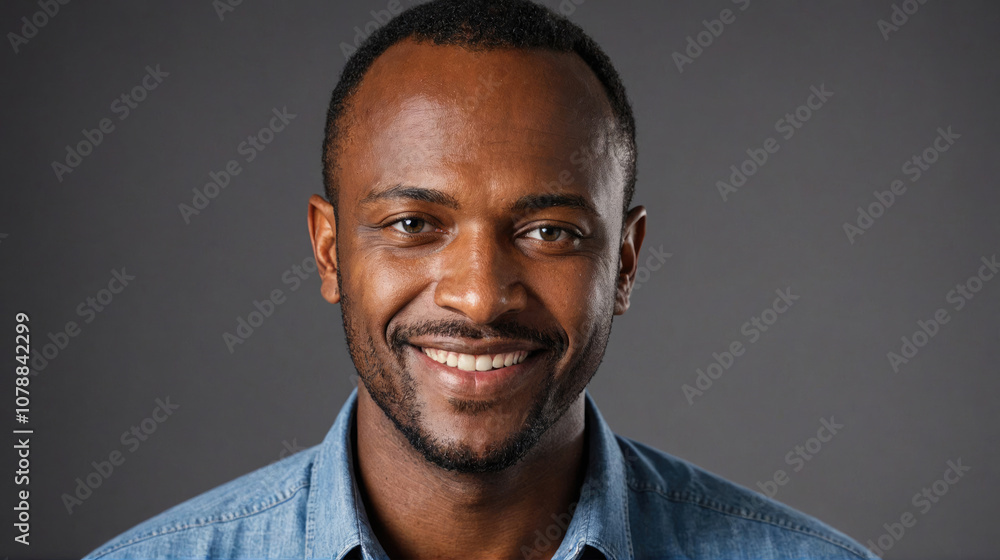 A man smiles at the camera, wearing a blue shirt against a gray background A man smiles at the camera, wearing a blue shirt against a gray background