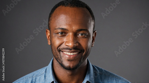 A man smiles at the camera, wearing a blue shirt against a gray background