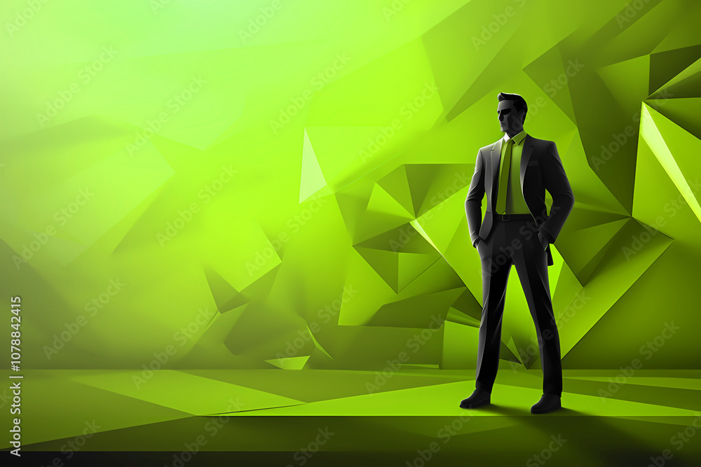 Fototapeta premium A Stylish Figure Stands Confidently Against a Vibrant Green Geometric Backdrop