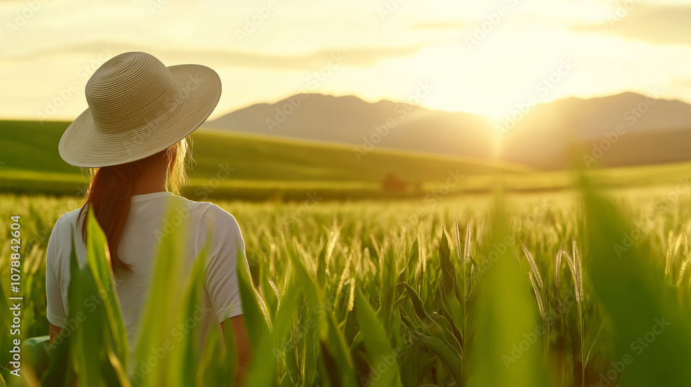 Woman in a sun hat standing in a lush green field at sunrise, enjoying the peaceful, natural scenery.
Woman in a sun hat standing in a lush green field at sunrise, enjoying the peaceful, natural scenery.