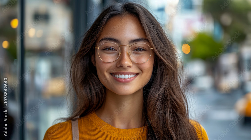 A cheerful young woman with long hair and glasses smiles happily while standing outside on a busy street with city life around her A cheerful young woman with long hair and glasses smiles happily while standing outside on a busy street with city life around her