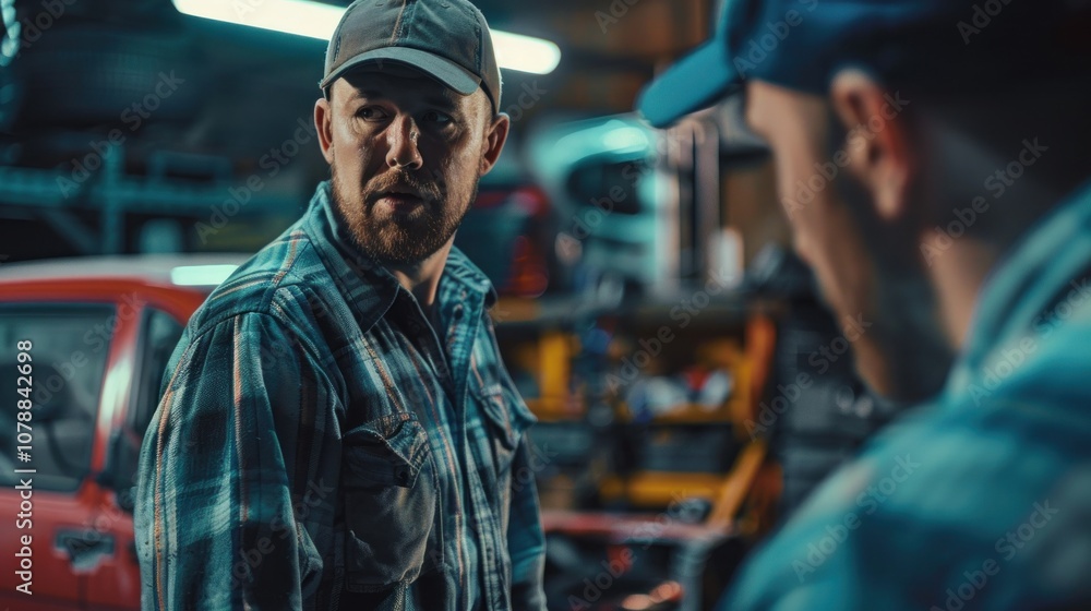 Fototapeta premium An unscrupulous mechanic showing false repairs to a customer, automotive deception concept