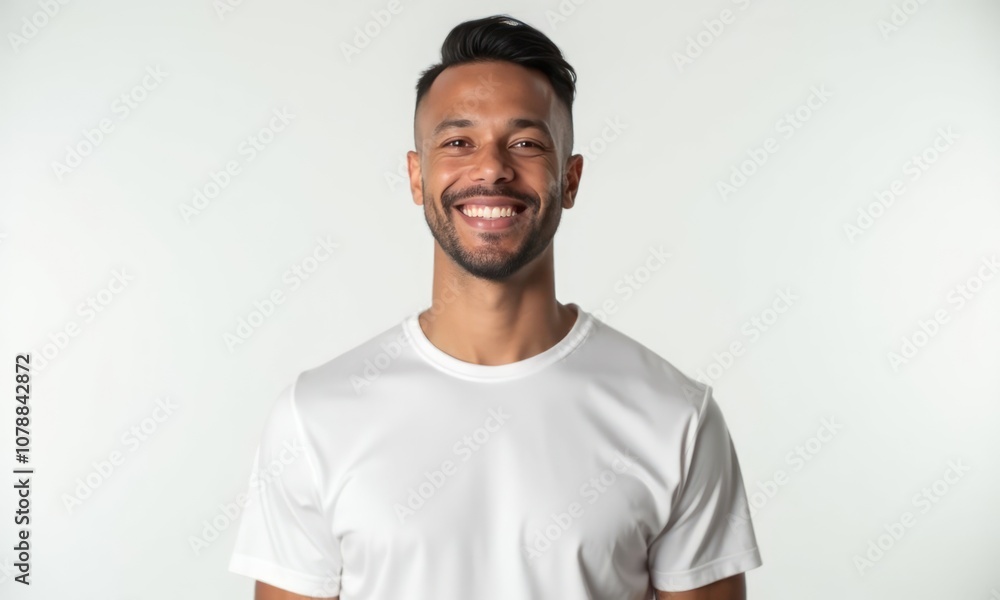 Brutal man in white T-shirt smiles and looks at the camera on white background. Concept of happiness and positivity Brutal man in white T-shirt smiles and looks at the camera on white background. Concept of happiness and positivity