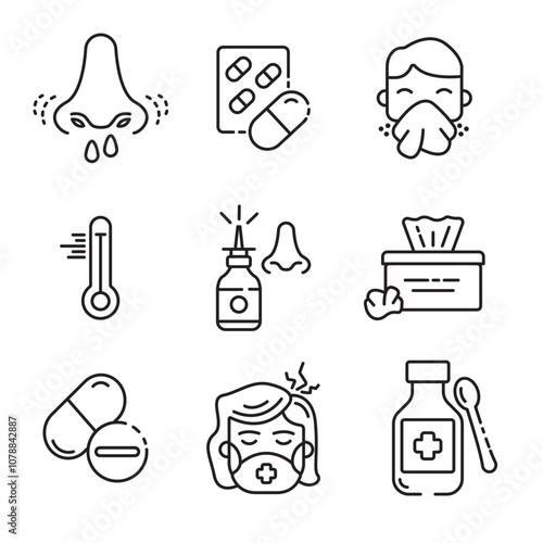 set of cold and flu, line art, editable icons.
