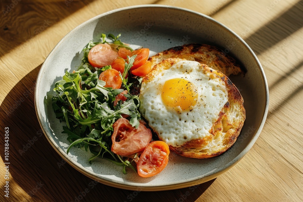 Sunny-side Up Egg with Fresh Arugula and Cherry Tomato Salad on Rustic Toasted Bread Sunny-side Up Egg with Fresh Arugula and Cherry Tomato Salad on Rustic Toasted Bread