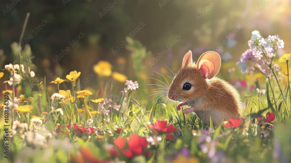 Fototapeta premium Cute Mouse in a Field of Wildflowers
