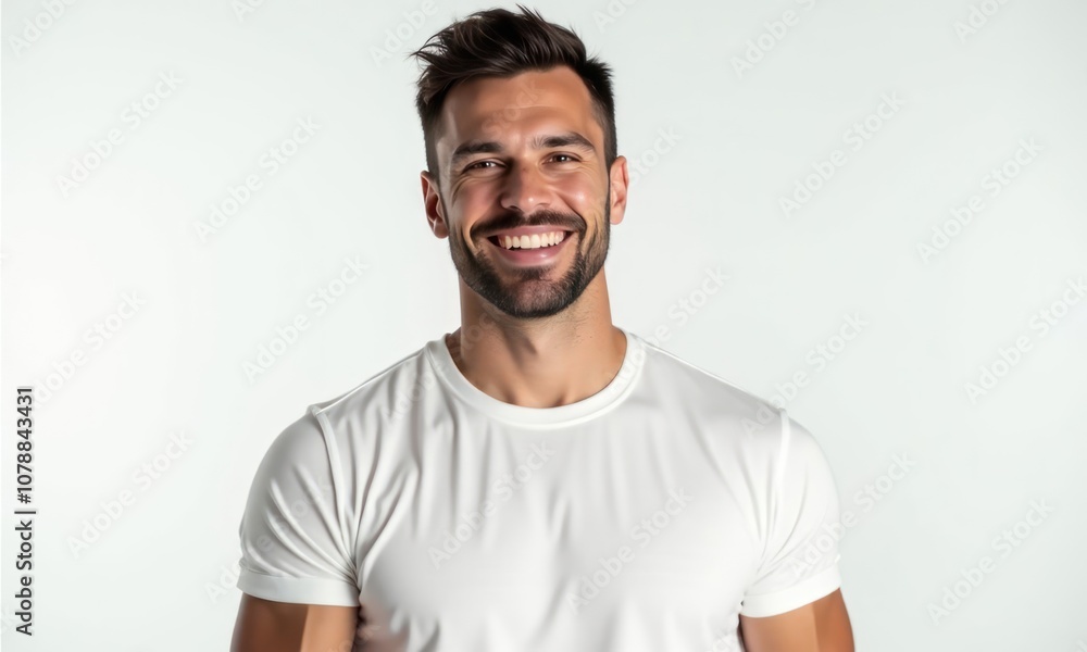 Brutal man in white T-shirt smiles and looks at the camera on white background. Concept of happiness and positivity Brutal man in white T-shirt smiles and looks at the camera on white background. Concept of happiness and positivity