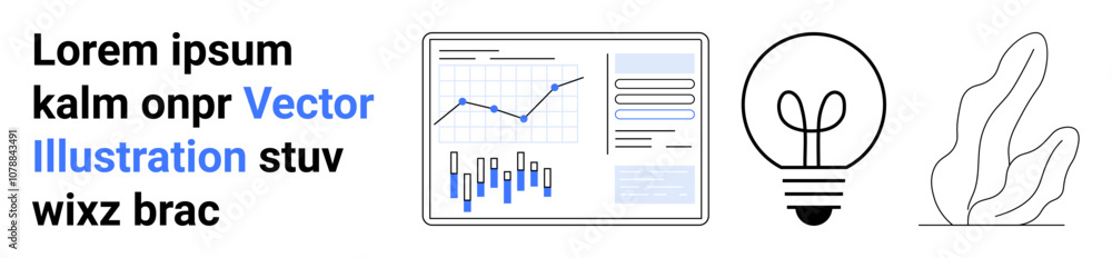 Text block, analytics chart with blue line and bar graphs, light bulb, and leaf outline. Ideal for business, marketing, presentations, infographics, technology, innovation, and data analysis. Landing Text block, analytics chart with blue line and bar graphs, light bulb, and leaf outline. Ideal for business, marketing, presentations, infographics, technology, innovation, and data analysis. Landing
