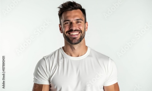 Brutal man in white T-shirt smiles and looks at the camera on white background. Concept of happiness and positivity