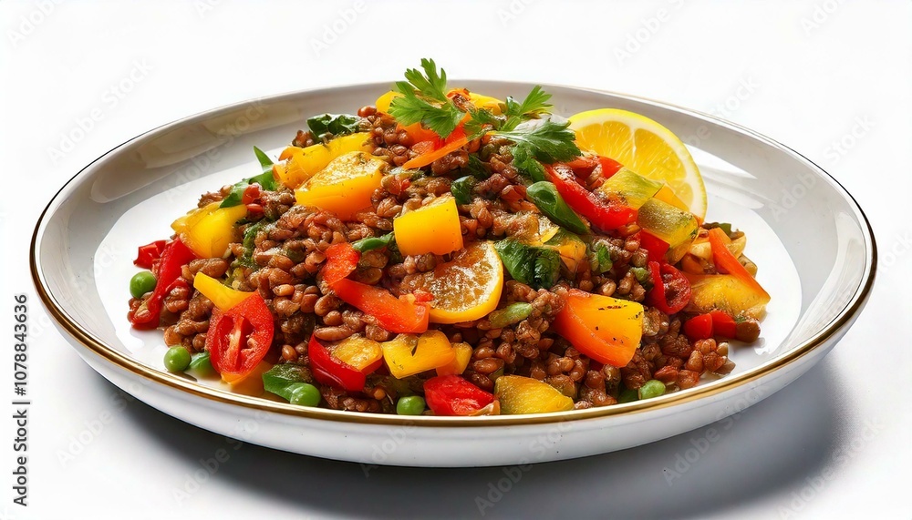 Freigestellter Linsensalat mit Gemüse und Zitrus-Dressing – Nährstoffreiches Food-Motiv Freigestellter Linsensalat mit Gemüse und Zitrus-Dressing – Nährstoffreiches Food-Motiv