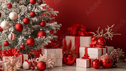 Stylish Red and White Christmas Product Presentation Setup with Ribbon and Tree Decorations
