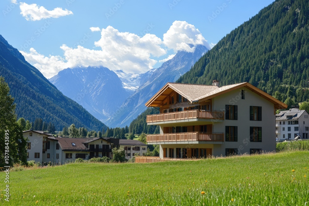 Austrian Alps: Stunning Summer Landscape with Mountain View, Green Fields, and Blue Sky Austrian Alps: Stunning Summer Landscape with Mountain View, Green Fields, and Blue Sky