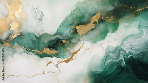 Abstract marbled painting with emerald green, golden, white and black elements. Perfect for elegant wallpapers and posters,