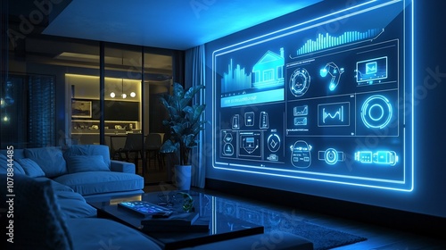 Futuristic Holographic Home Control Interface in Minimalist Living Room