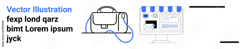 Business bag and Desktop with storefront, email icon, and web elements. Ideal for e-commerce, online shopping, education, digital marketing, business solutions, remote work, and tech startups Business bag and Desktop with storefront, email icon, and web elements. Ideal for e-commerce, online shopping, education, digital marketing, business solutions, remote work, and tech startups