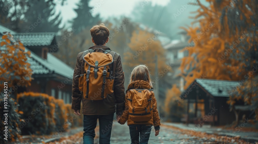 Obraz premium An older brother escorting his younger sister to school on her first day