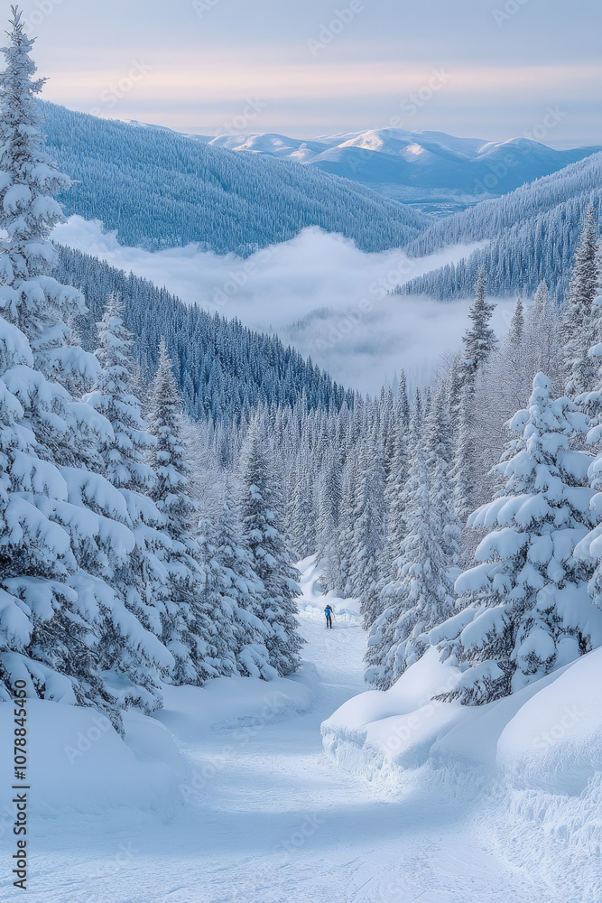 Fototapeta premium A solitary skier glides down a snowy path surrounded by tall evergreens under a dusky sky in a tranquil mountain landscape