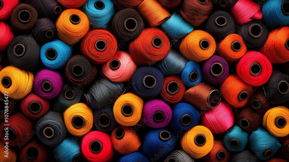 Fototapeta premium Colorful spools of thread arranged in a vibrant and organized display.