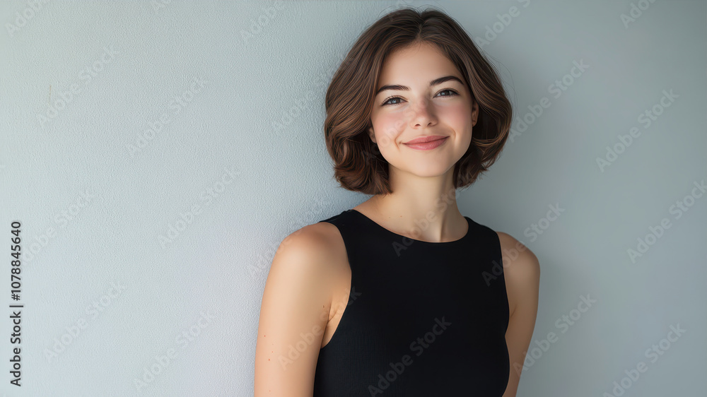 Portrait of a Cheerful Young Woman Enjoying Her Day in a Stylish Black Sleeveless Outfit Indoors Portrait of a Cheerful Young Woman Enjoying Her Day in a Stylish Black Sleeveless Outfit Indoors