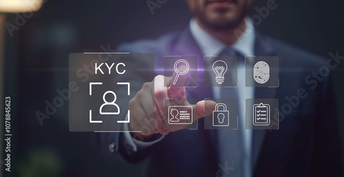  Interactive KYC compliance interface with the user. Business professional interacting with a Know Your Customer (KYC) compliance and security interface on digital screen. Identity verification, E KYC photo