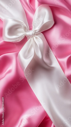 Wallpaper Mural Elegant white satin bow gracefully adorns soft pink silk fabric, creating a luxurious contrast of textures and colors perfect for romantic or feminine designs. Torontodigital.ca