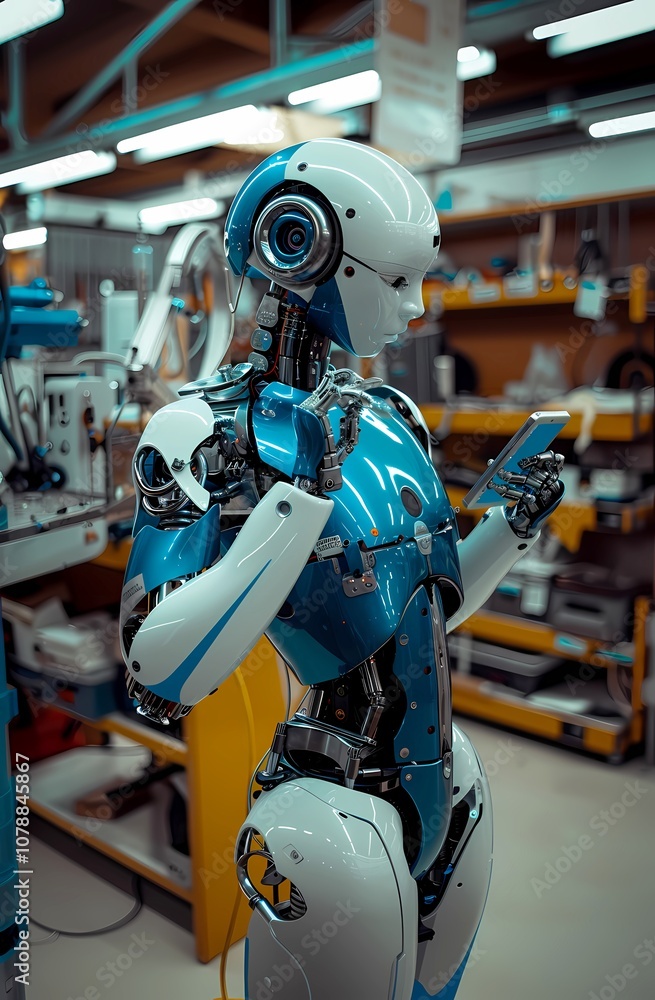 Fototapeta premium Ai-Generated image of A robot is standing in a store with a cell phone in its hand. The robot is blue and white and has a metallic appearance. Concept of technology and artificial intelligence