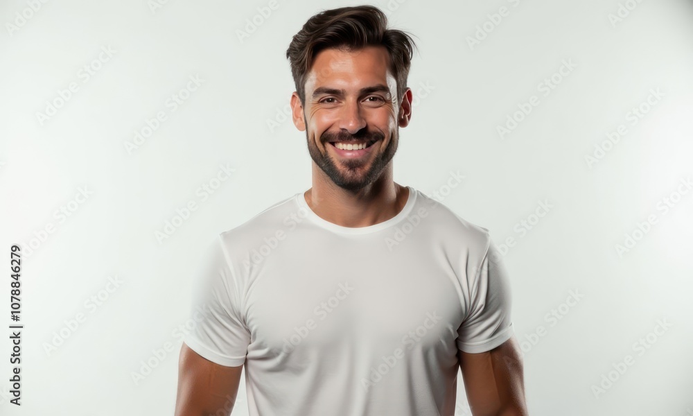 Brutal man in white T-shirt smiles and looks at the camera on white background. Concept of happiness and positivity Brutal man in white T-shirt smiles and looks at the camera on white background. Concept of happiness and positivity