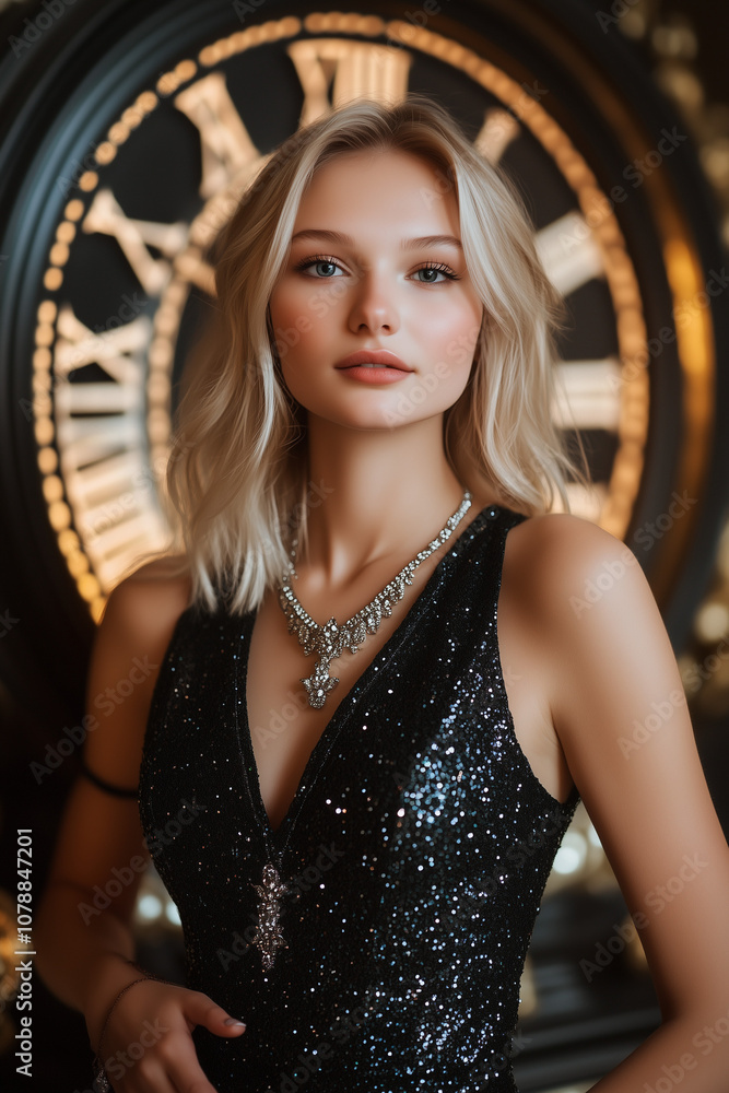 Fototapeta premium Young blonde in a black dress with sparkles stands in front of the classic masive analog clock.